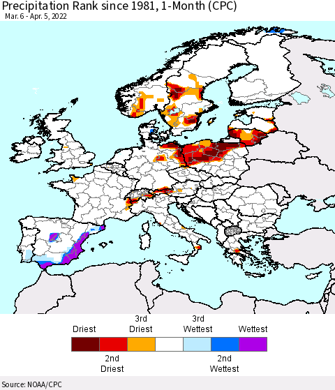 Europe Precipitation Rank 1-Month (CPC) Thematic Map For 3/6/2022 - 4/5/2022