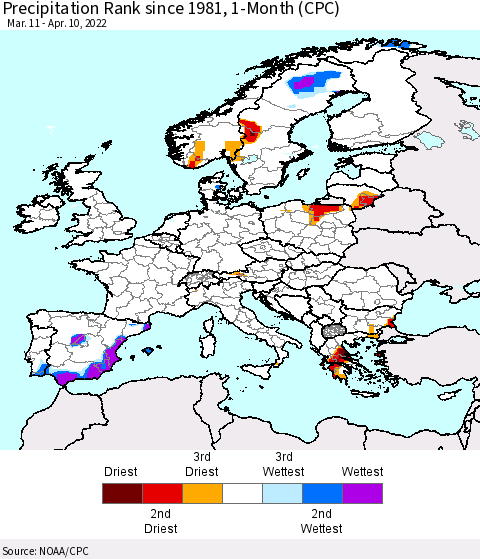 Europe Precipitation Rank 1-Month (CPC) Thematic Map For 3/11/2022 - 4/10/2022