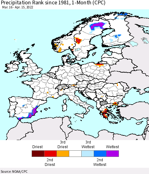 Europe Precipitation Rank 1-Month (CPC) Thematic Map For 3/16/2022 - 4/15/2022