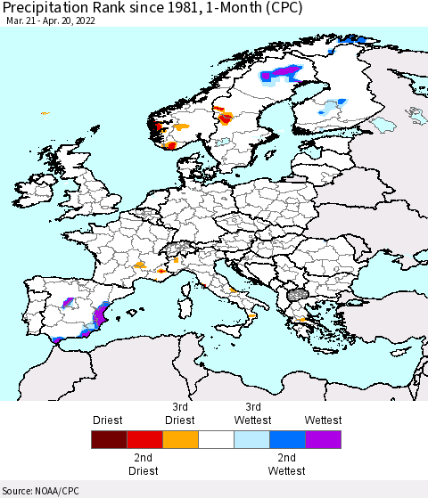 Europe Precipitation Rank since 1981, 1-Month (CPC) Thematic Map For 3/21/2022 - 4/20/2022
