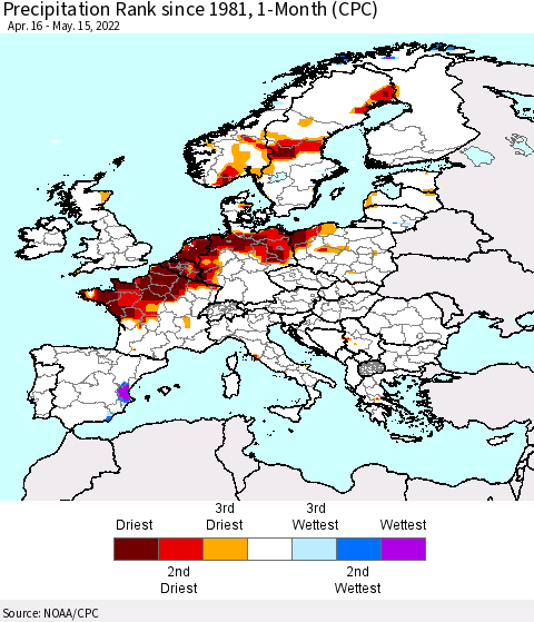 Europe Precipitation Rank 1-Month (CPC) Thematic Map For 4/16/2022 - 5/15/2022