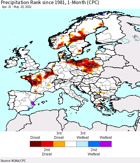 Europe Precipitation Rank 1-Month (CPC) Thematic Map For 4/21/2022 - 5/20/2022