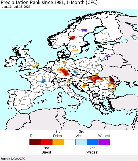 Europe Precipitation Rank since 1981, 1-Month (CPC) Thematic Map For 6/16/2022 - 7/15/2022