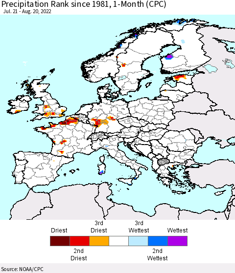 Europe Precipitation Rank since 1981, 1-Month (CPC) Thematic Map For 7/21/2022 - 8/20/2022