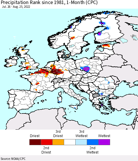 Europe Precipitation Rank since 1981, 1-Month (CPC) Thematic Map For 7/26/2022 - 8/25/2022