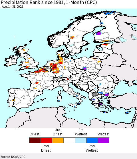 Europe Precipitation Rank since 1981, 1-Month (CPC) Thematic Map For 8/1/2022 - 8/31/2022