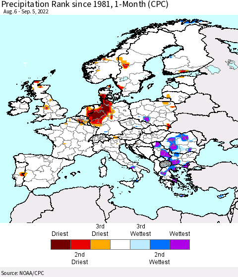Europe Precipitation Rank since 1981, 1-Month (CPC) Thematic Map For 8/6/2022 - 9/5/2022