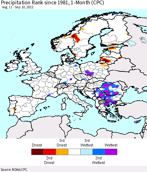 Europe Precipitation Rank since 1981, 1-Month (CPC) Thematic Map For 8/11/2022 - 9/10/2022