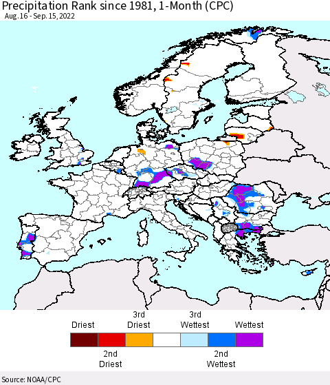 Europe Precipitation Rank since 1981, 1-Month (CPC) Thematic Map For 8/16/2022 - 9/15/2022