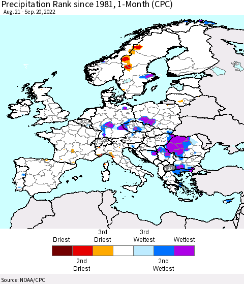 Europe Precipitation Rank since 1981, 1-Month (CPC) Thematic Map For 8/21/2022 - 9/20/2022