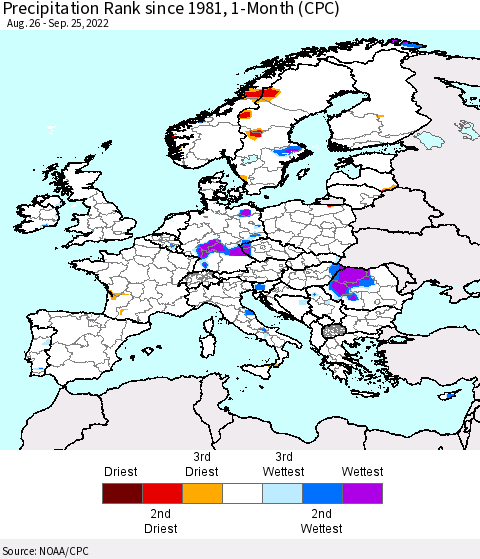 Europe Precipitation Rank since 1981, 1-Month (CPC) Thematic Map For 8/26/2022 - 9/25/2022