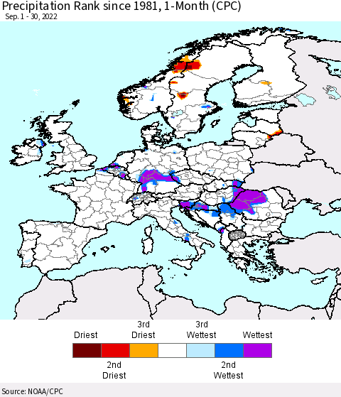 Europe Precipitation Rank since 1981, 1-Month (CPC) Thematic Map For 9/1/2022 - 9/30/2022