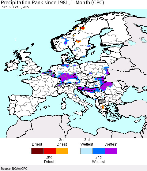 Europe Precipitation Rank since 1981, 1-Month (CPC) Thematic Map For 9/6/2022 - 10/5/2022