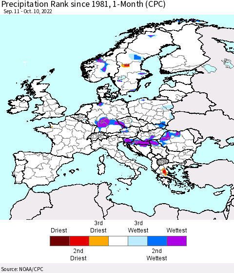 Europe Precipitation Rank since 1981, 1-Month (CPC) Thematic Map For 9/11/2022 - 10/10/2022