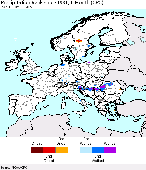Europe Precipitation Rank since 1981, 1-Month (CPC) Thematic Map For 9/16/2022 - 10/15/2022