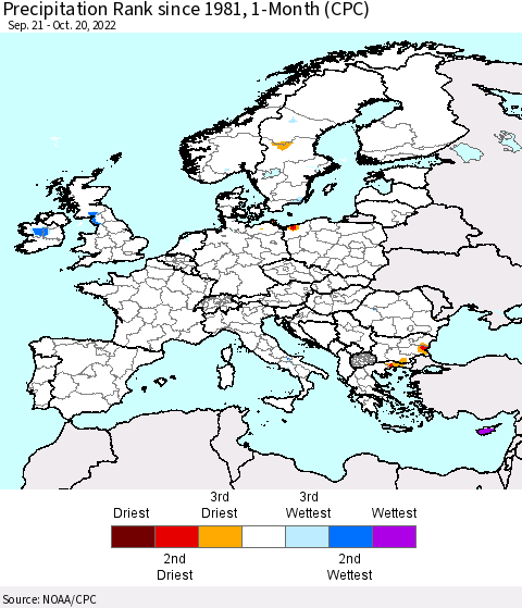 Europe Precipitation Rank since 1981, 1-Month (CPC) Thematic Map For 9/21/2022 - 10/20/2022