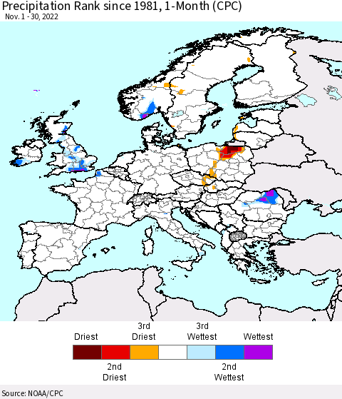 Europe Precipitation Rank since 1981, 1-Month (CPC) Thematic Map For 11/1/2022 - 11/30/2022