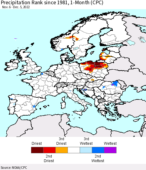 Europe Precipitation Rank since 1981, 1-Month (CPC) Thematic Map For 11/6/2022 - 12/5/2022