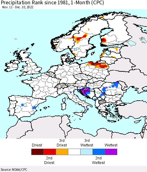 Europe Precipitation Rank since 1981, 1-Month (CPC) Thematic Map For 11/11/2022 - 12/10/2022