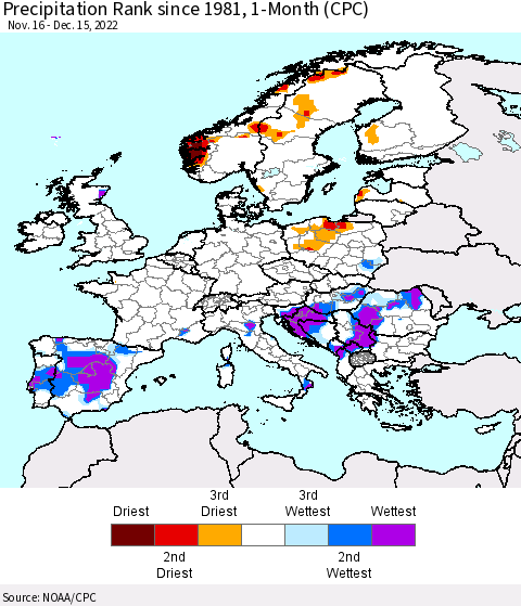 Europe Precipitation Rank since 1981, 1-Month (CPC) Thematic Map For 11/16/2022 - 12/15/2022