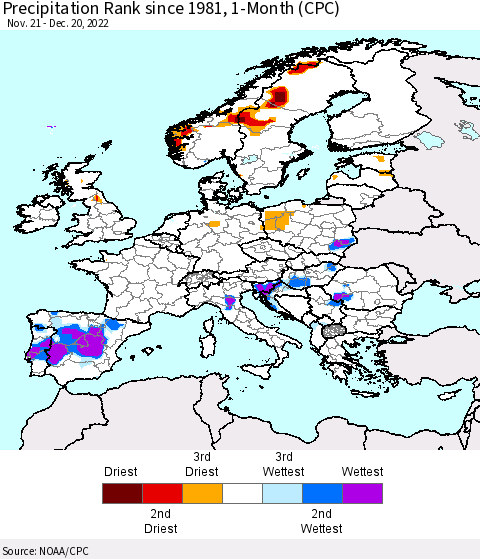 Europe Precipitation Rank since 1981, 1-Month (CPC) Thematic Map For 11/21/2022 - 12/20/2022