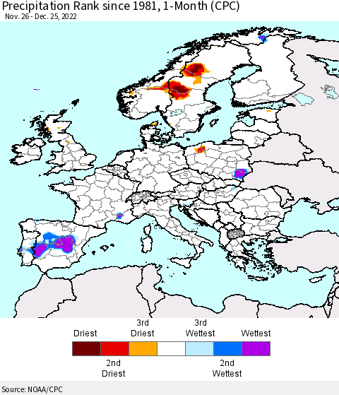 Europe Precipitation Rank since 1981, 1-Month (CPC) Thematic Map For 11/26/2022 - 12/25/2022