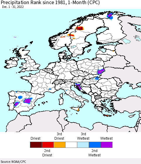 Europe Precipitation Rank since 1981, 1-Month (CPC) Thematic Map For 12/1/2022 - 12/31/2022