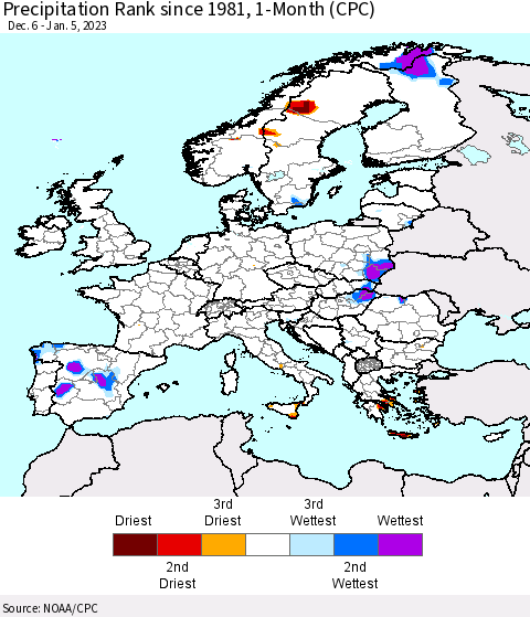 Europe Precipitation Rank since 1981, 1-Month (CPC) Thematic Map For 12/6/2022 - 1/5/2023