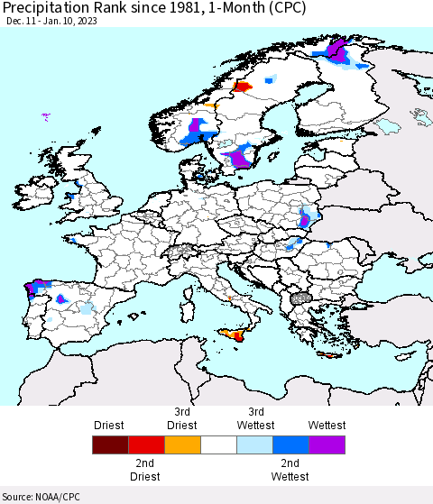 Europe Precipitation Rank since 1981, 1-Month (CPC) Thematic Map For 12/11/2022 - 1/10/2023