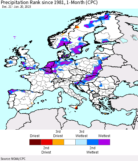 Europe Precipitation Rank since 1981, 1-Month (CPC) Thematic Map For 12/21/2022 - 1/20/2023