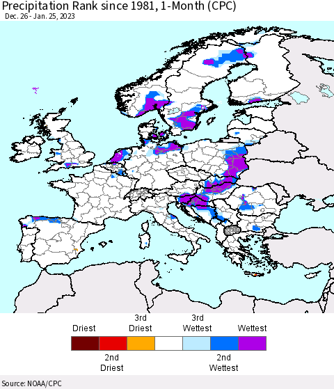 Europe Precipitation Rank since 1981, 1-Month (CPC) Thematic Map For 12/26/2022 - 1/25/2023