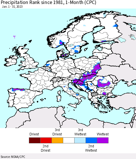 Europe Precipitation Rank since 1981, 1-Month (CPC) Thematic Map For 1/1/2023 - 1/31/2023