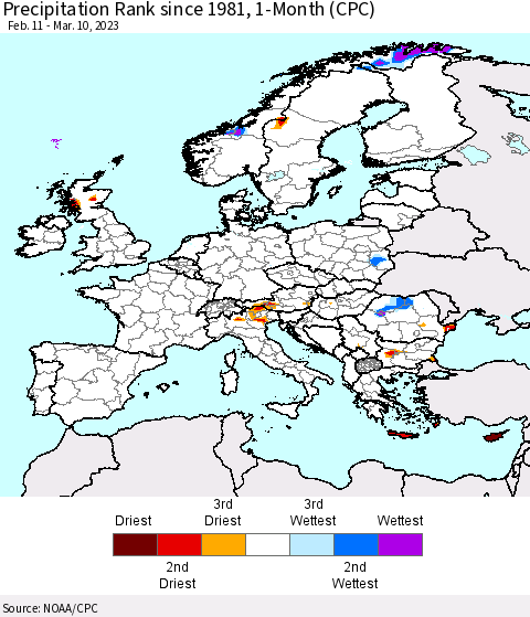Europe Precipitation Rank since 1981, 1-Month (CPC) Thematic Map For 2/11/2023 - 3/10/2023
