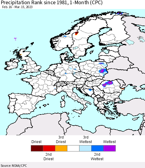 Europe Precipitation Rank since 1981, 1-Month (CPC) Thematic Map For 2/16/2023 - 3/15/2023