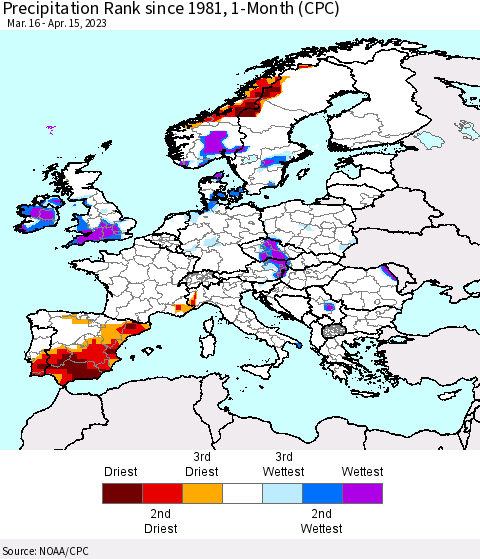 Europe Precipitation Rank since 1981, 1-Month (CPC) Thematic Map For 3/16/2023 - 4/15/2023