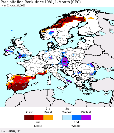 Europe Precipitation Rank since 1981, 1-Month (CPC) Thematic Map For 3/21/2023 - 4/20/2023