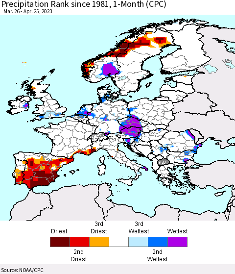 Europe Precipitation Rank since 1981, 1-Month (CPC) Thematic Map For 3/26/2023 - 4/25/2023