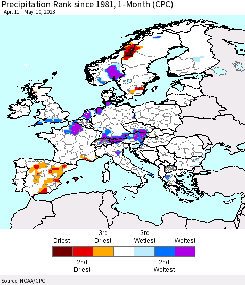 Europe Precipitation Rank since 1981, 1-Month (CPC) Thematic Map For 4/11/2023 - 5/10/2023