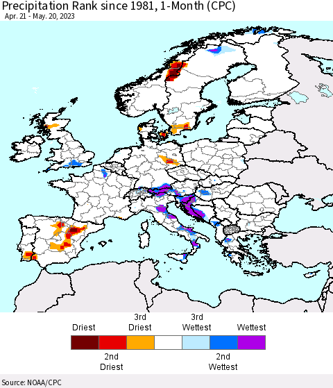 Europe Precipitation Rank since 1981, 1-Month (CPC) Thematic Map For 4/21/2023 - 5/20/2023