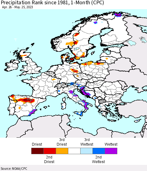 Europe Precipitation Rank since 1981, 1-Month (CPC) Thematic Map For 4/26/2023 - 5/25/2023