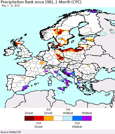 Europe Precipitation Rank since 1981, 1-Month (CPC) Thematic Map For 5/1/2023 - 5/31/2023