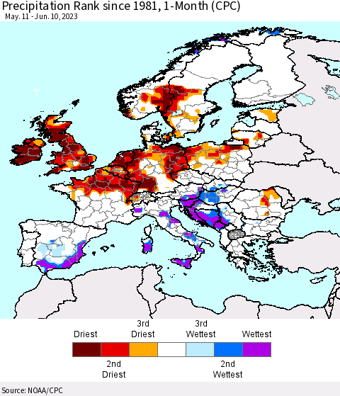 Europe Precipitation Rank since 1981, 1-Month (CPC) Thematic Map For 5/11/2023 - 6/10/2023