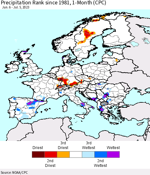 Europe Precipitation Rank since 1981, 1-Month (CPC) Thematic Map For 6/6/2023 - 7/5/2023