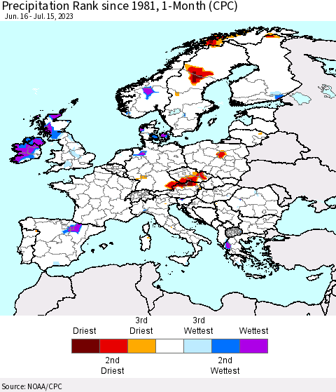 Europe Precipitation Rank since 1981, 1-Month (CPC) Thematic Map For 6/16/2023 - 7/15/2023