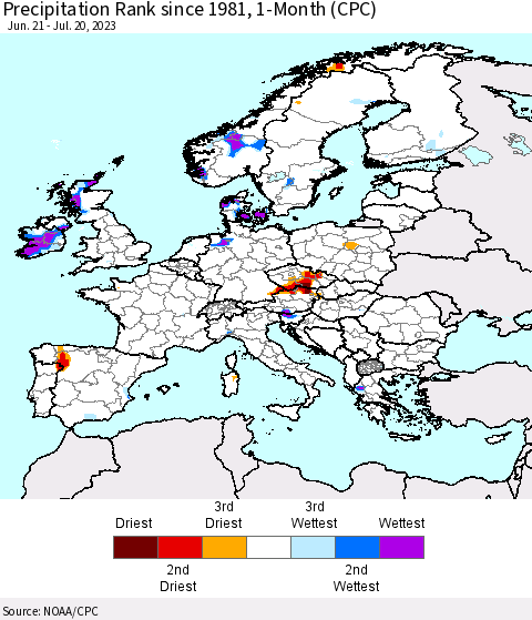 Europe Precipitation Rank since 1981, 1-Month (CPC) Thematic Map For 6/21/2023 - 7/20/2023