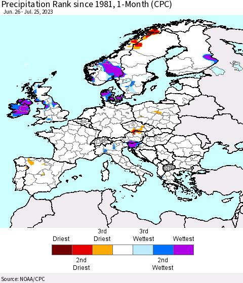 Europe Precipitation Rank since 1981, 1-Month (CPC) Thematic Map For 6/26/2023 - 7/25/2023