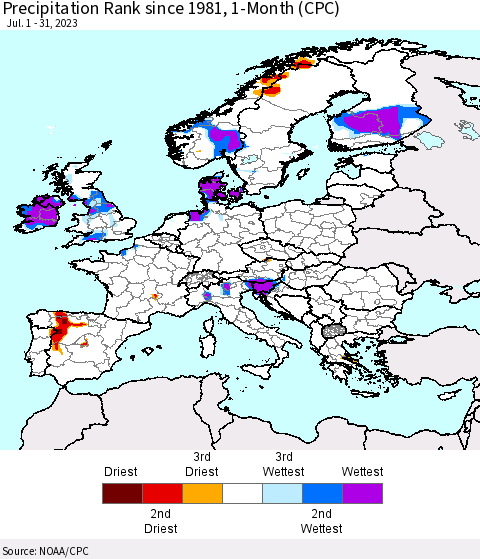 Europe Precipitation Rank since 1981, 1-Month (CPC) Thematic Map For 7/1/2023 - 7/31/2023