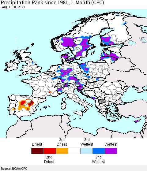 Europe Precipitation Rank since 1981, 1-Month (CPC) Thematic Map For 8/1/2023 - 8/31/2023