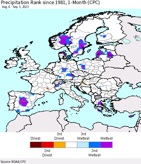 Europe Precipitation Rank since 1981, 1-Month (CPC) Thematic Map For 8/6/2023 - 9/5/2023