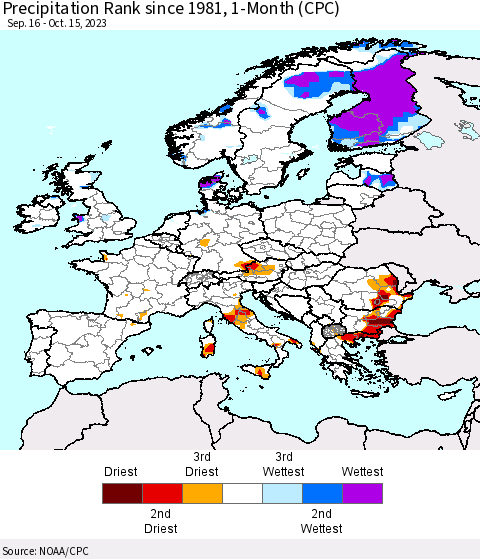 Europe Precipitation Rank since 1981, 1-Month (CPC) Thematic Map For 9/16/2023 - 10/15/2023